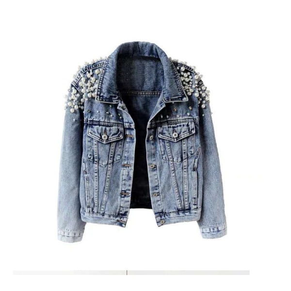Kvinners brodert nagleperle kort denim jakke frakk, XL