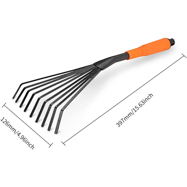 Mini Have Rake 16 Tommer 9 Rod Stål Hånd Vifte Løvrive med Ergonomisk Komfortabel Greb & Rustbestandig - Professionelt Havearbejde Værktøj