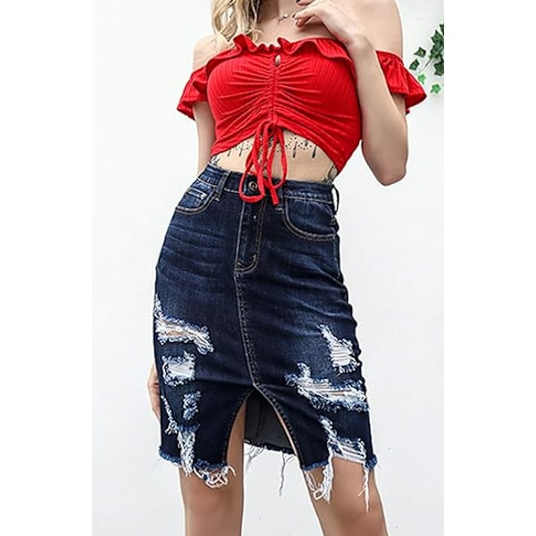 Kvinde Bodycon Front Split Frayed Mørk Vasket Midi Denim Blyantsnederdel STØRRELSE