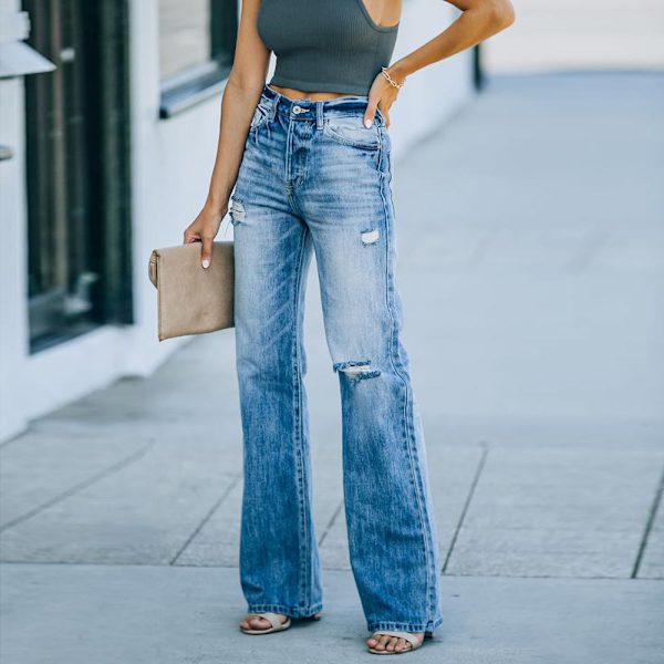 Kvinnors Ripped Boyfriends Jeans Distressed Hög Midja Baggy Denim Byxor Wide