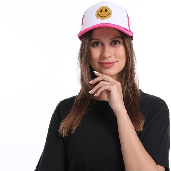 Fashion Smiley Sequin Print Neon High Crown Foam Mesh Back Trucker Cap - Unisex, One Size rosa