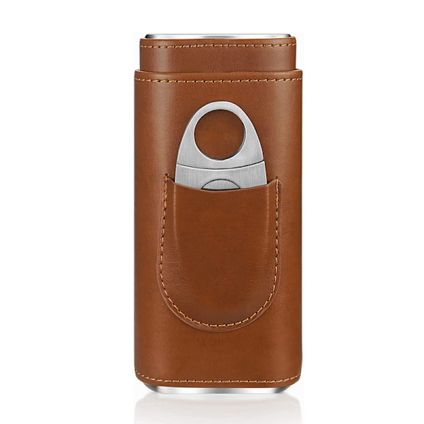 Premium 3-Finger Brun Læder Cigar Etui, Cedertræforet Cigar Humidor med Sølv Rustfrit Stål Cutter 16.5*7.5*3.8CM