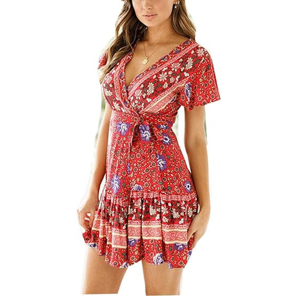 Kvinders kjole sommer wrap boho blomsterprint flæse kant korte ærmer V-hals