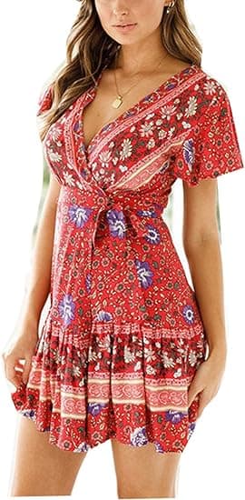 Kvinnors klänning sommar wrap boho blommigt tryck volangfåll kort ärm V-ringning