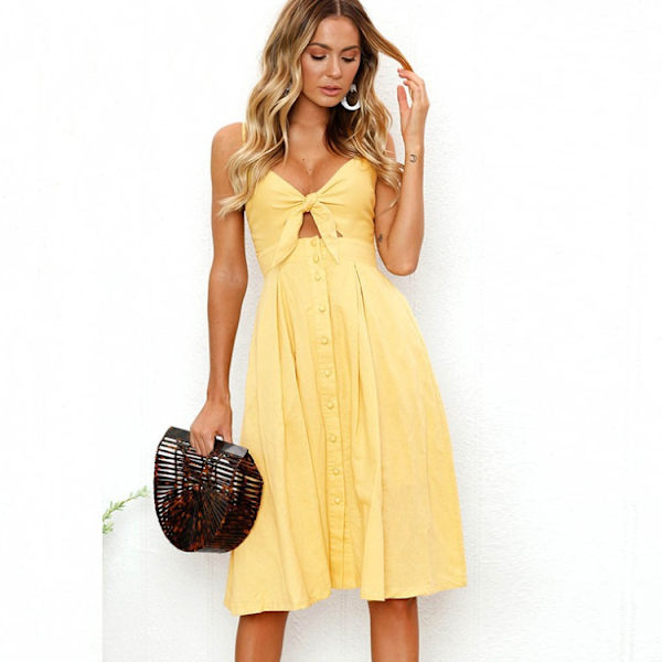Kvinder Kjoler Sommer Tie Front V-hals Spaghetti Stropper Knap Ned A-Linje Ba