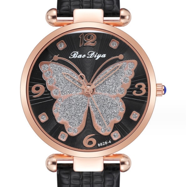 Kvindeurs Butterfly Dial Quartz Ur, Dame Casual Bælte Ur, Sort