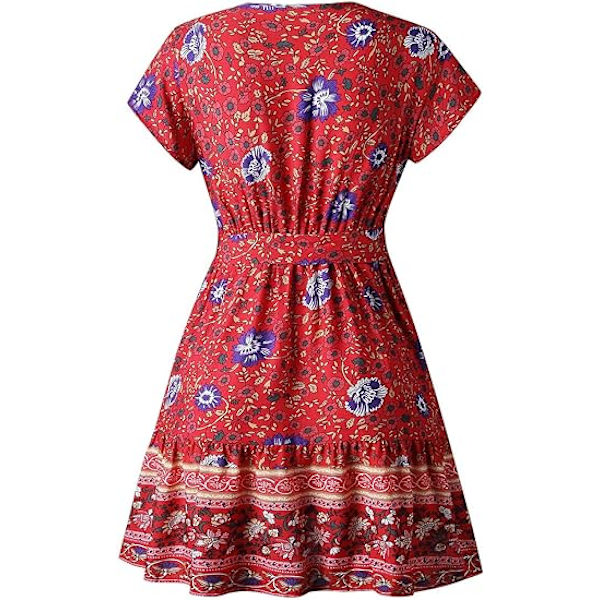 Kvinders kjole sommer wrap boho blomsterprint flæse kant korte ærmer V-hals
