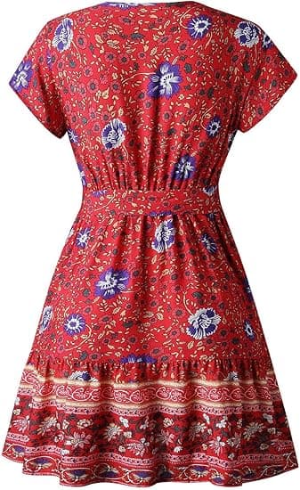 Kvinnors klänning sommar wrap boho blommigt tryck volangfåll kort ärm V-ringning