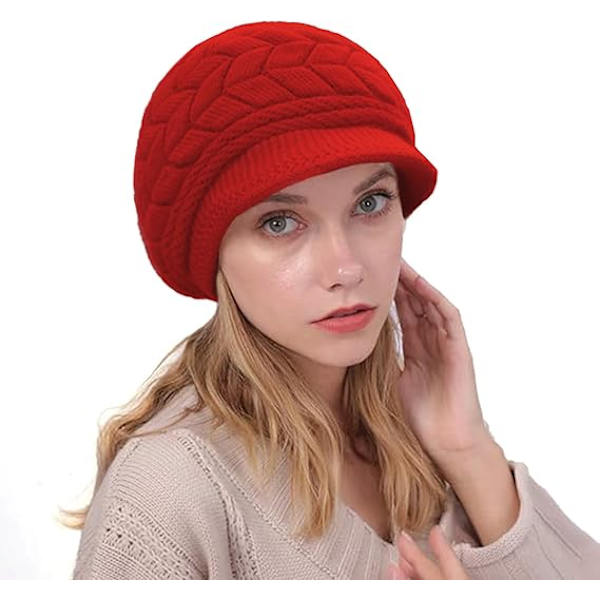 Varm vintermössa för kvinnor, elegant stickad mössa med skärm, vinterberet med foder