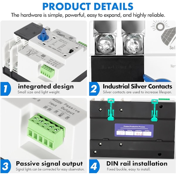 Automatisk Överföringsswitch, 220V 2P 100A Dubbel Ström Automatisk Överföringsswitch Fotovoltaisk Oavbruten Elektrisk Överföringsswitch (ZGQ5G-100A/2P)