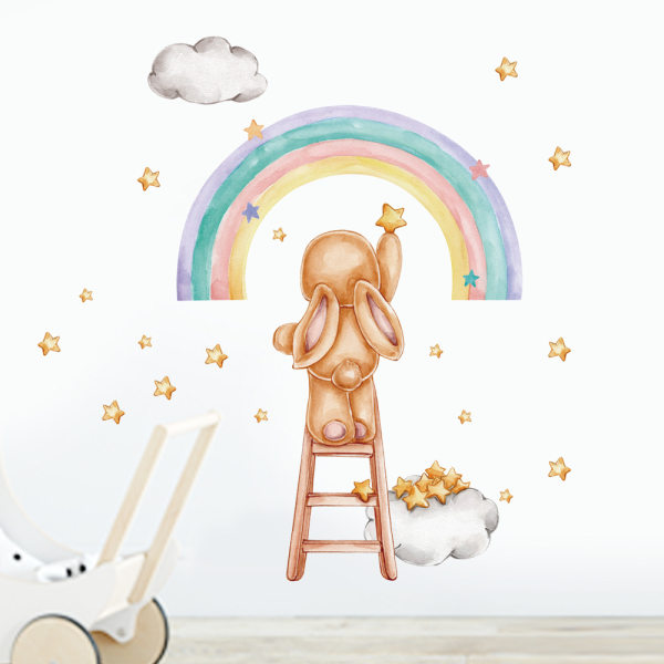 En set kreativa Rabbit Rainbow Stars Cloud Wall Sticker, Wall Sticker