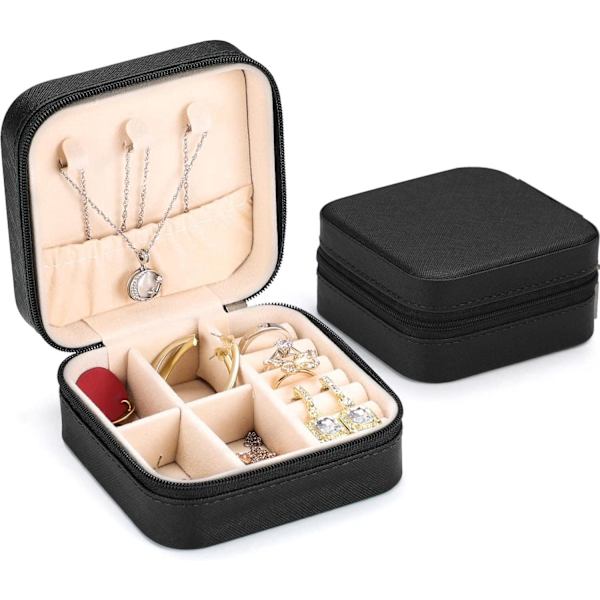 Lille Smykkeæske, Mini Smykkeorganizer, Rejse Smykkeæske, Bærbar Opbevaringsboks til Øreringe, Halskæder, Armbånd (Sort)