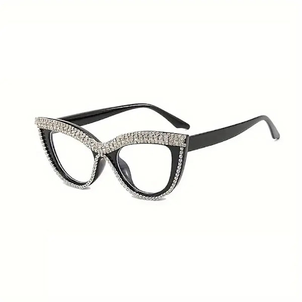 Diamant Blåt Lys Blokerende Briller Cat Eye Rhinestone Kvinder Oversized Anti Eyestrain Computer Briller Ramme