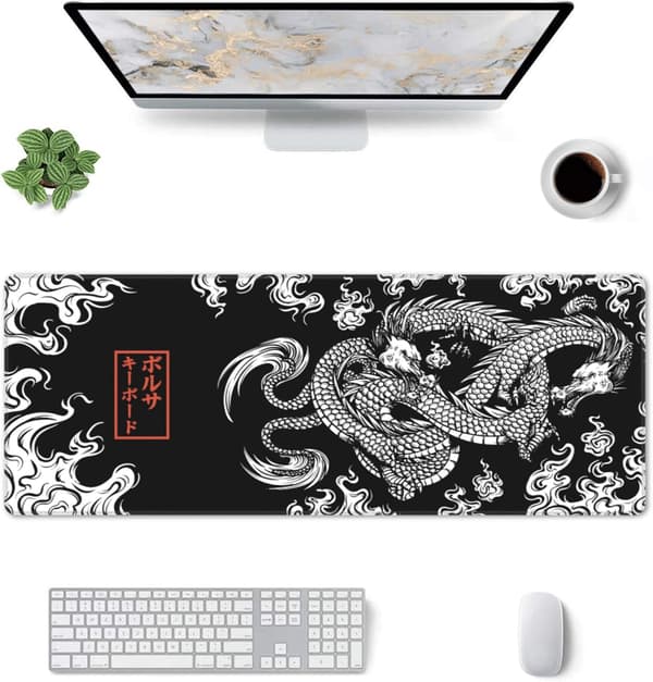 Japansk drage stor musematte utvidet spillmusematte svart XL