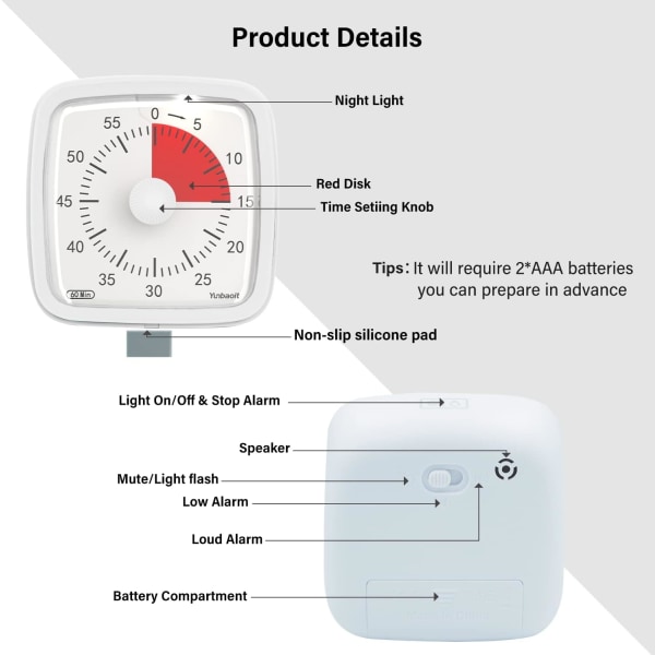 Visuaalinen ajastin yövalolla, 60 minuutin lähtölaskenta-ajastin lapsille aikuisille, hiljainen ajastin luokkahuoneeseen, ajanhallintatyökalu kotiin, kouluun (valkoinen)
