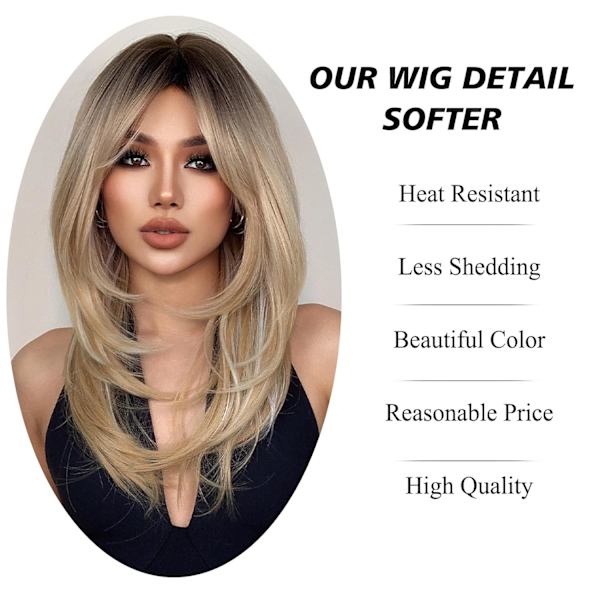 Blonde Parykker for Kvinner Lang Straight Parykker Med Luft Bangs Og Mørke