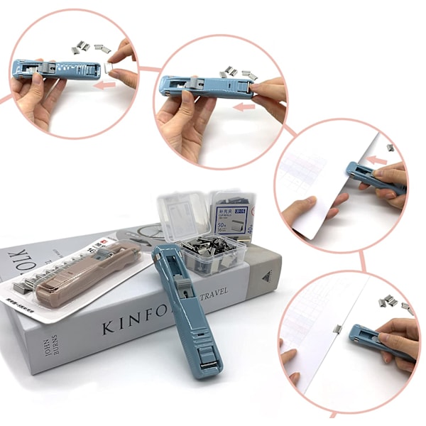 Bærbar musling clips dispenser håndholdt papirklipser 2 clips pushere + 100 ekstra clips