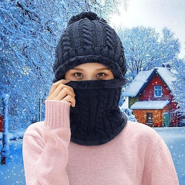 Kvinder Vinter Hue Hatte Ét Stykke Fleece Foret Strik Balaclavas Maske Sæt Sk