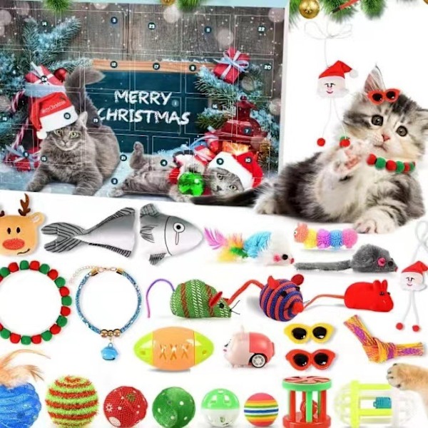 Katte Adventskalender 2024, 24 Dages Jule-nedtællingskalender med Assorterede Interaktive Kattelegetøj til Indendørs Killinger Kæledyr Overraskelse Julegaver til