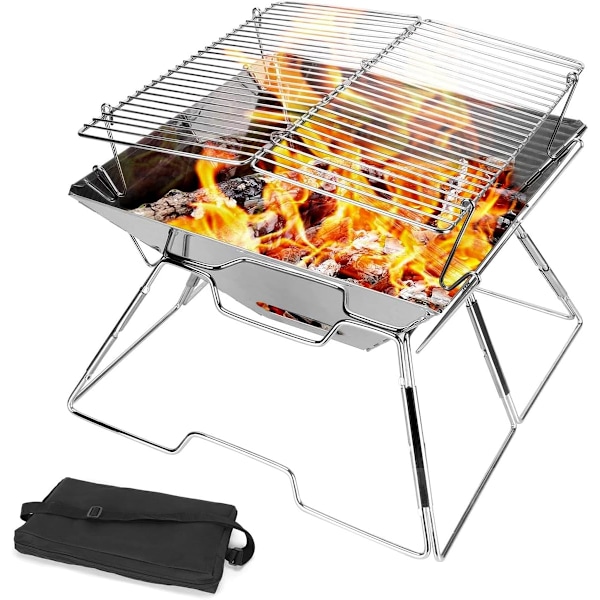 Foldbar Campingbålsplads, 304 Rustfrit Stål Grill, Rustfrit Stål Klips, Robust Bærbar Campinggrill med Bærepose til Bål, Camping, Pi