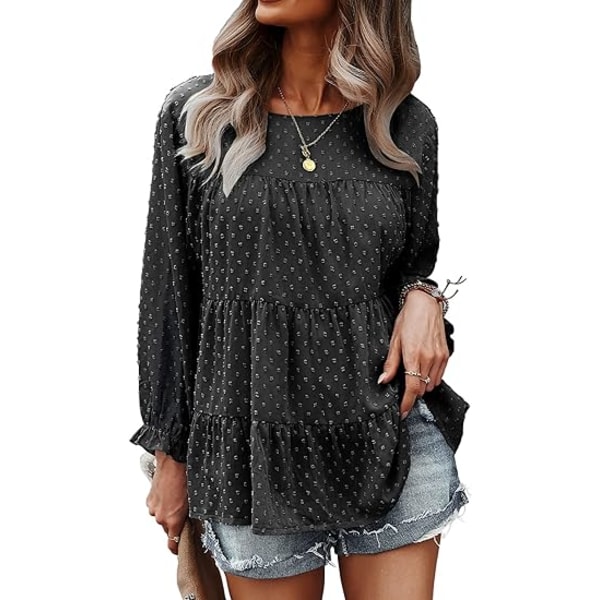 Dam sommar lös chiffong blus mesh långärmad casual rund hals peplum