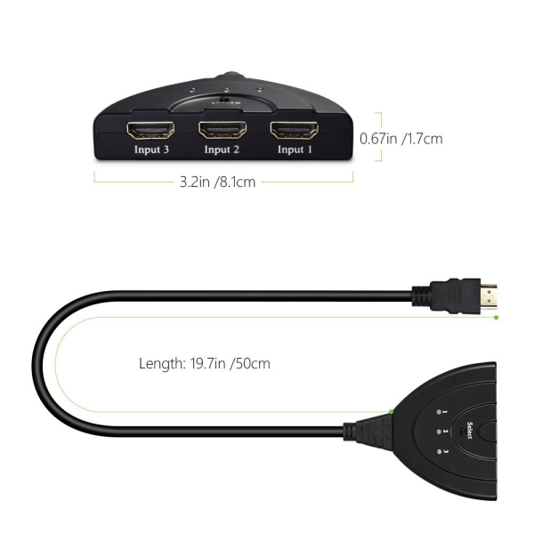 HDMI-switch/omkopplare 3 portar 3x1 v1.3 med 1,5 ft pigtail