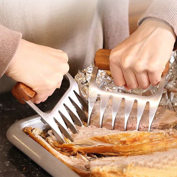 Björnklor för rostfritt stål BBQ-kött - Set med två köttklor med trä