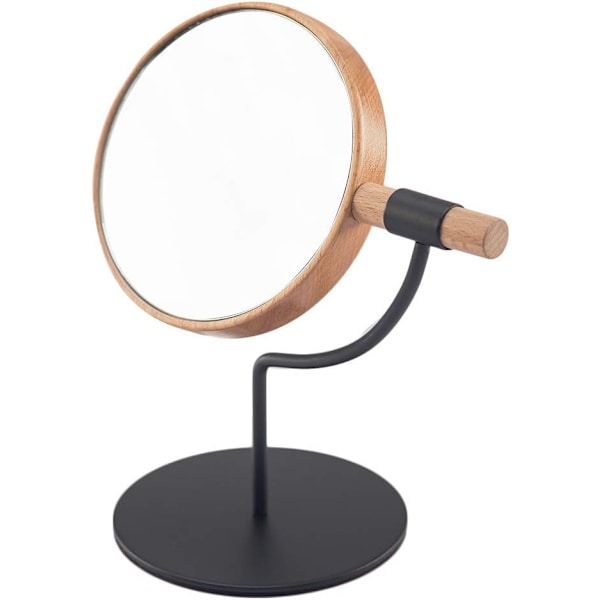 Skrivbordsbordsspegel med mental stativ, 3X förstoring Liten trä skrivbordsspegel, 360° rotation bänkskiva spegel för smink (svart) 13,8*13,8*25cm