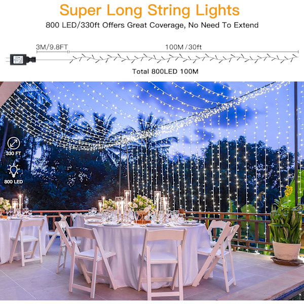Julbelysning utomhus 800LED/330FT Super Long String Lights Vattentät F
