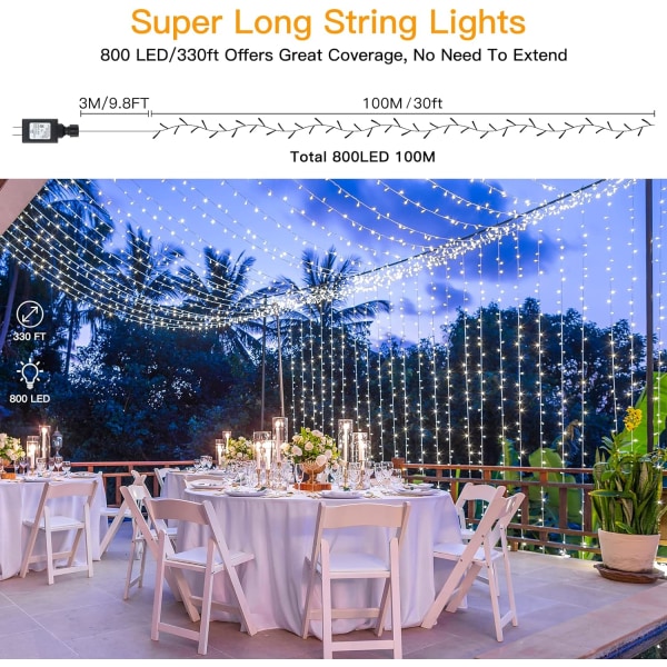 Julelys utendørs 800LED/330FT Super Long String Lights Vanntett F