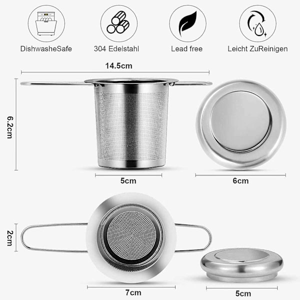 Te-sil i rustfritt stål, te-infuser te-sil med lokk, finmasket te-filter, sammenleggbart håndtak