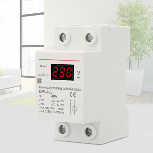 Spændingsregulator, 230V 40A Automatisk Genopretning Overspændings- og Underspændingsbeskyttelsesenhed DIN-Skinnemonteret Beskytter