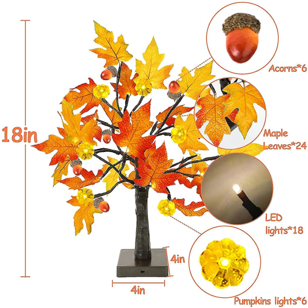 Pakke med 2 opplyste høstlønn-trær med 48 LED-lys - Batteridrevet opplyst gresskar for høstdekorasjon, høyde 60 cm [2-pakning forhåndsopplyste lønntrær med gresskar eikenøtter] 2-pakning glødende lønnehøsttrær