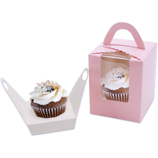 Cupcake Box Holder, 30-pack rosa enkel cupcake boxhållare behållare, bärbar pappersmuffins presentask med fönsterinsats handtag för bröllop födelsedagsfest snacksbox rosa
