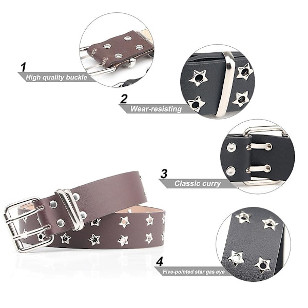 Dubbel Grommet PU Läderbälte för Kvinnor/Män Punk Metall Jeansbälte Bredd 1,5