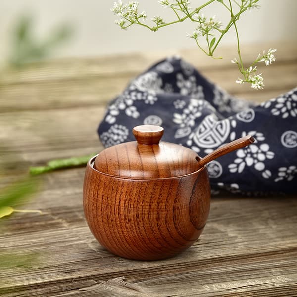 Træ krydderiglas med låg og ske Solid Wood Spice Jar Condiment Pot
