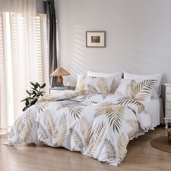 200x200cm Gold White Leaves Pattern Duvet Cover and 2 Pillowcases 50 x 75cm