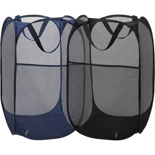 2-pak mesh pop-up vasketøjskurve (sort/marineblå) med bærbar, holdbar hånd