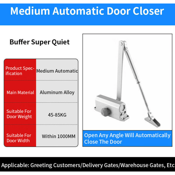 Justerbar automatisk dørlukkerkontroll opptil 45-85 kg (1 stk), hydraulisk automatisk dørlukker med en roterende kompassarm, ideell for hjem, butikk, kontor