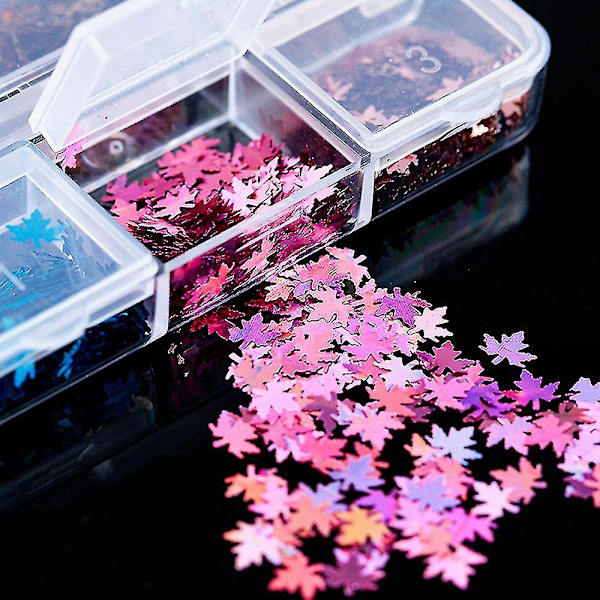 6 rutnät/låda glänsande metallisk färg lönnlöv paljetter kreativa holografiska nagelkonst glitter paljetter för höst vinter nagel