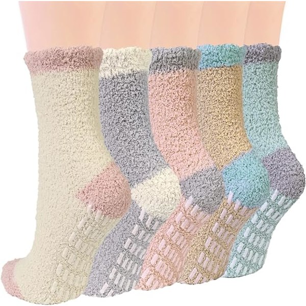 Womens Fuzzy Socks 5 par, Vinter Varme Myke Tøffelsokker, Sklisikre Sokker Koselige Sove Myke Sokker Gaver