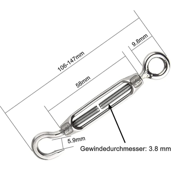 6 stk. Wire Tensioner Turnbuckle Hook Eye Tension Screw Wire Tensioner Rustfritt Stål Tensioner Set For Heavy Duty Justerbar (m4)