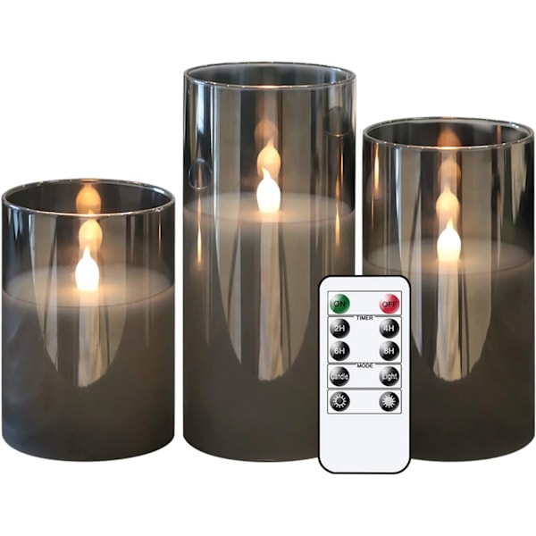 Grå glas batteridrevne flammefri LED-lys med 10-tasters fjernbetjening og timer
