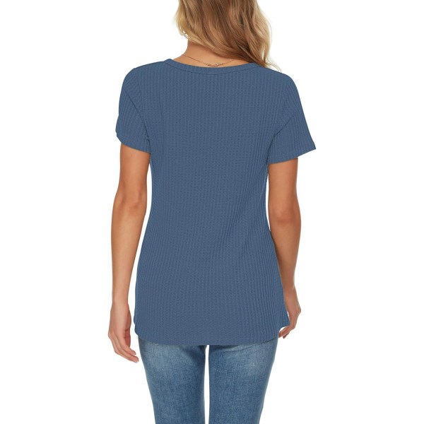 Kvinners sommer vaffel strikket kort ermet tunika topper V-hals Henley løs bluse