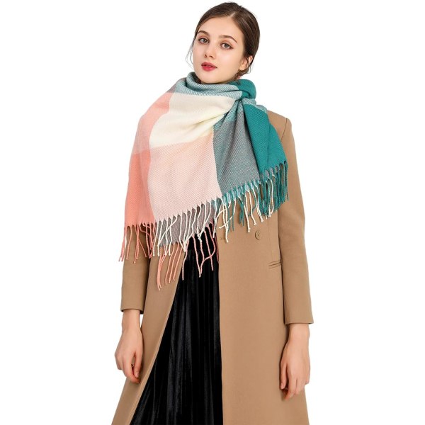 Dam Scarves Vinter Lång Mjuk Varm Tartan Check Wraps Ull Spinning Tassel