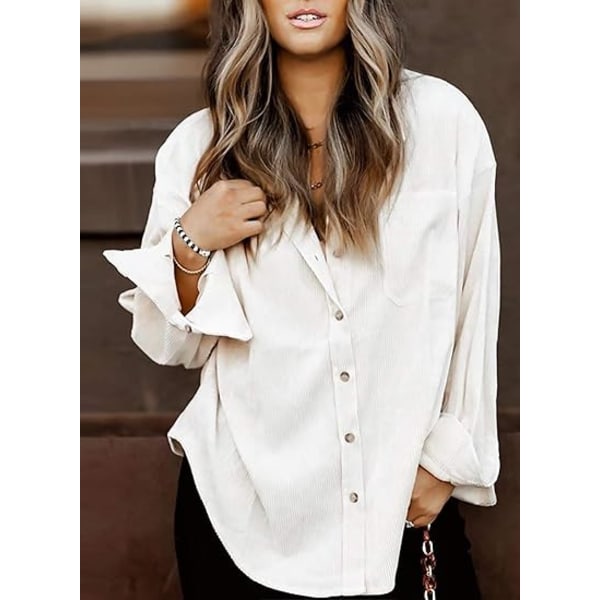 Kvinner Corduroy-skjorter Uformell Langermet Button Down Bluser Topp hvit XL