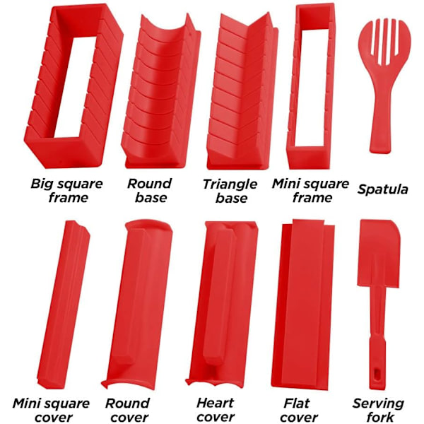 Sushi Making Kit Deluxe Edition med komplett Sushi Set 10 delar plast Sushi Maker Verktyg Komplett med 8 Sushi Ris Rulle Formar Gaffel Spatel DIY Hem Sushi Verktyg (Röd)