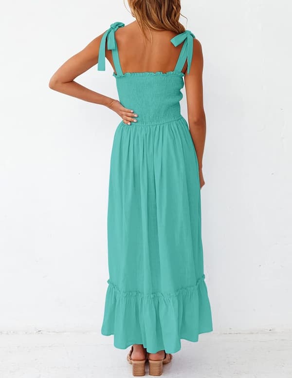 Kvinde Sommer Boho Spaghetti Stropper Firkant Hals Solid Plisseret A-Linje Strand
