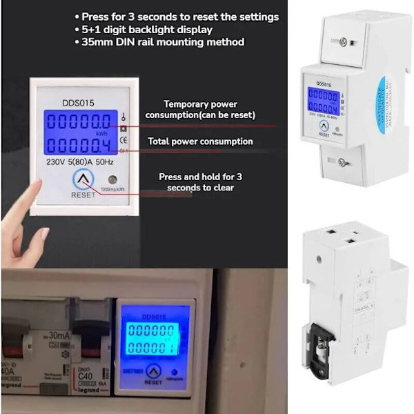1st 5-80A 230V 50Hz enfas elektrisk mätare LCD-bakgrundsbelysning, DDS015