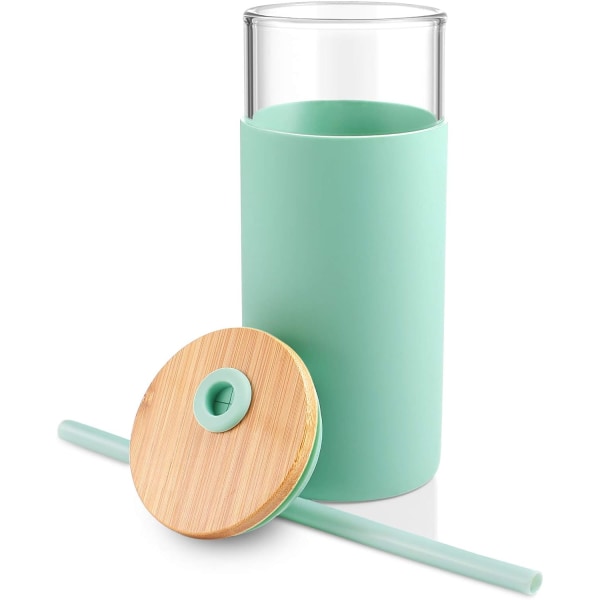 Tumbler Glas Vandflaske Halm Silikone Beskyttende Sleeve Bambus Låg - BP